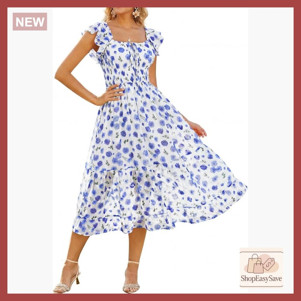 Floral Midi Dress Square Neck Ruffle Sleeves Smocked Waist A-Line Summer Formal